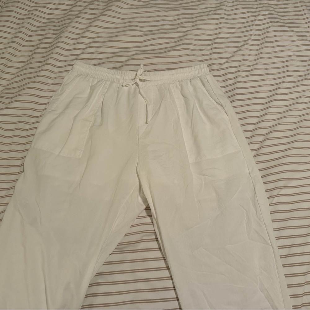 Men's White Cotton/Linen Cuffed Pants